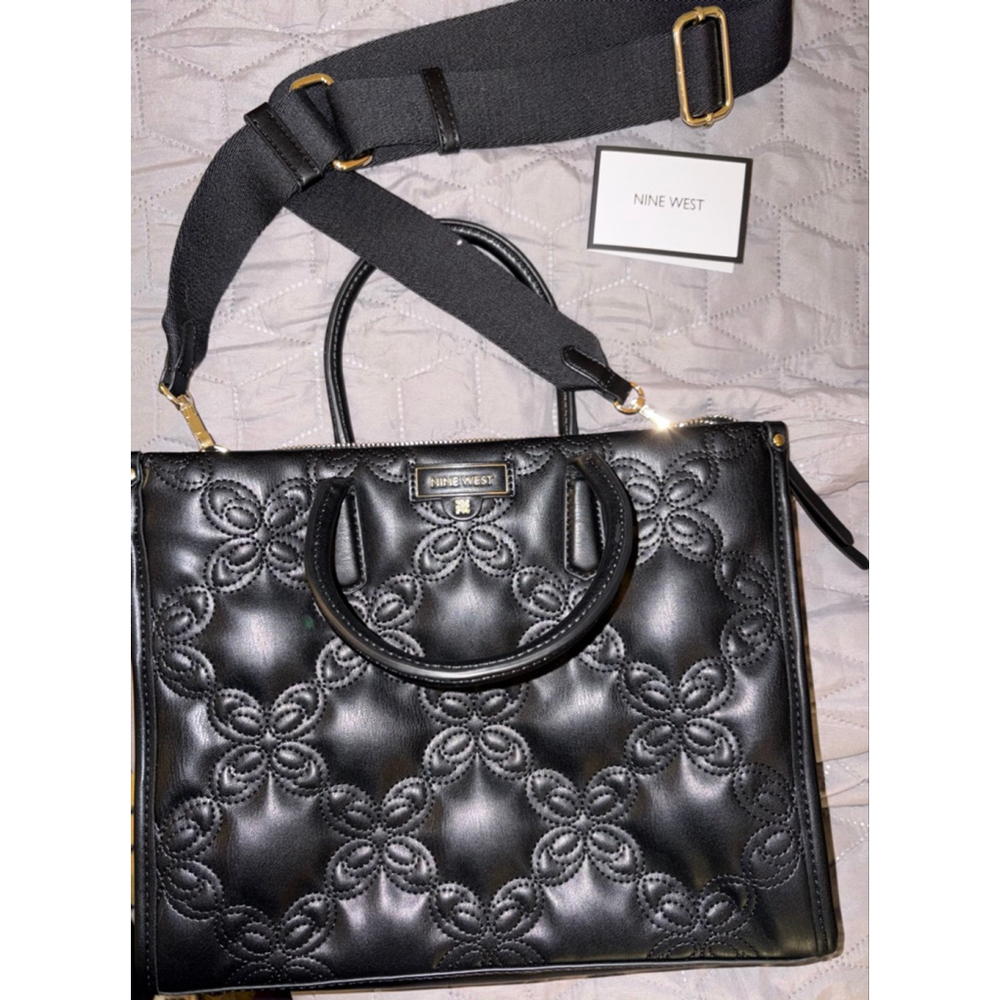 NWOT Nine West Black Quilted Satchel with Guitar Strap